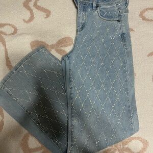 Elegant Blue Diamond-Patterned Flare Jeans